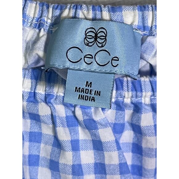 CeCe Blue Gingham Off Shoulder Blouse M | Ruffle Sleeve Tie Hem Cotton Top - Picture 2 of 6